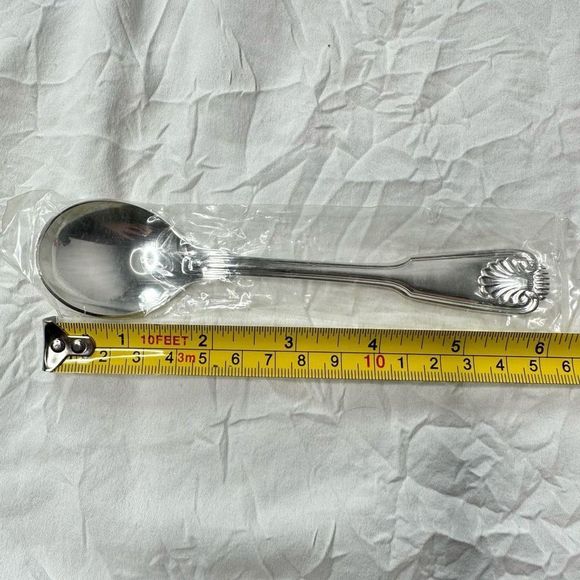 Vtg Olde Chelsea Pattern Silverplated 6 Dinner Spoons + Round Spoon in Plastic - Picture 11 of 15